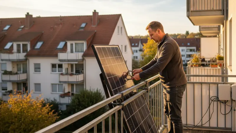 Person montiert Solarmodul am Balkongeländer einer Mietwohnung