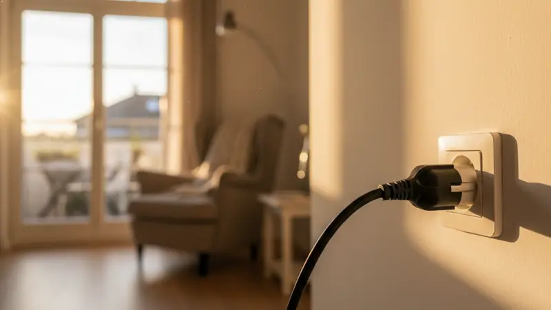 Schuko-Stecker eines Balkonkraftwerks wird in eine Steckdose gesteckt