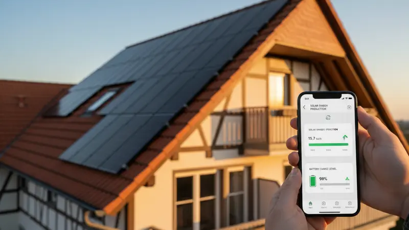Smartphone mit Solar-Monitoring-App auf einem Balkon mit Solarmodulen im Hintergrund