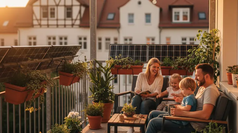 Balkon mit Solarmodulen in der Abenddämmerung, gemütliche Atmosphäre mit Lichterketten und Pflanzen