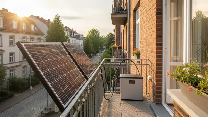 Balkonkraftwerk mit Solarmodulen am Balkongeländer und kompaktem Batteriespeicher auf dem Balkonboden