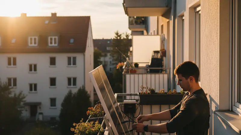 Person installiert ein Balkonkraftwerk-System auf einem deutschen Wohnungsbalkon