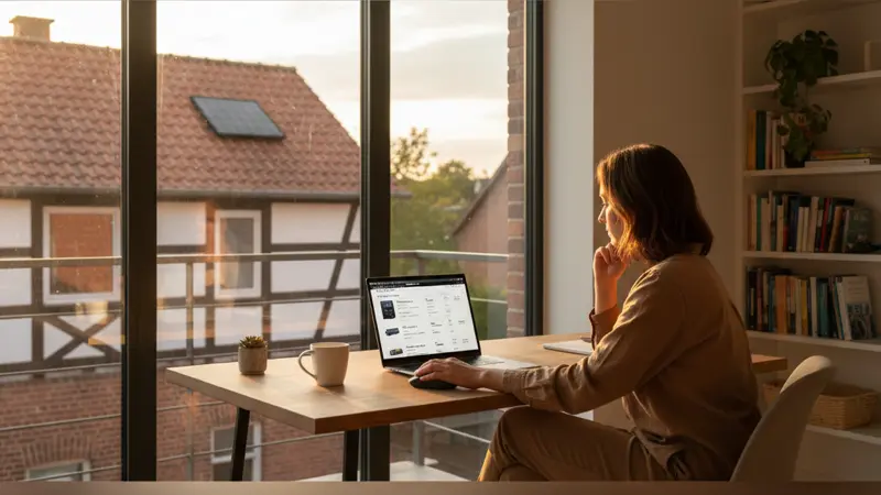 Person vergleicht Balkonkraftwerk-Speicher am Laptop in einem modernen Homeoffice