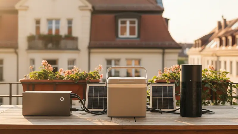 Verschiedene Balkonkraftwerk-Speicher nebeneinander auf einem Tisch, Produktvergleich