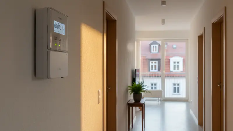 Digitaler Stromzähler mit niedrigem Verbrauch in einem deutschen Hausflur