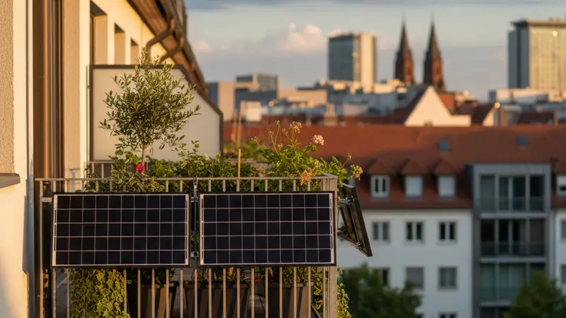 Modernes Balkonkraftwerk mit zwei schwarzen Solarmodulen an einem Balkongeländer eines deutschen Mehrfamilienhauses