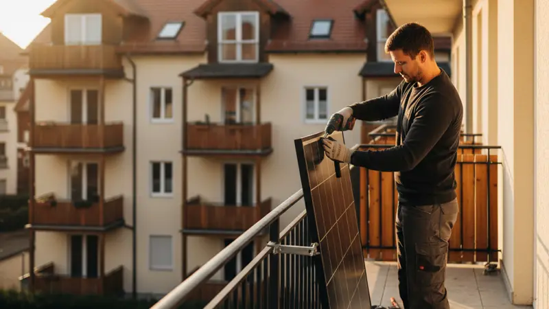 Mann installiert Solarmodul an einem Balkongeländer mit Werkzeug