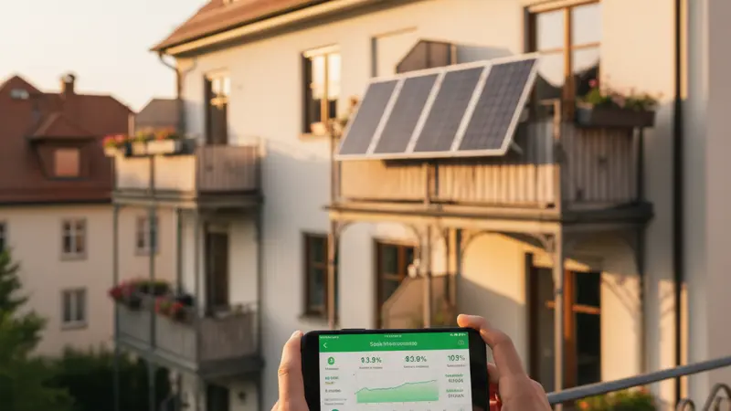 Person hält Smartphone mit Solar-Monitoring-App und Energiedaten