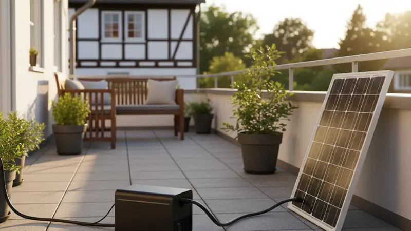 Kompakter Stromspeicher für Balkonkraftwerk neben Solarmodulen auf einer Terrasse