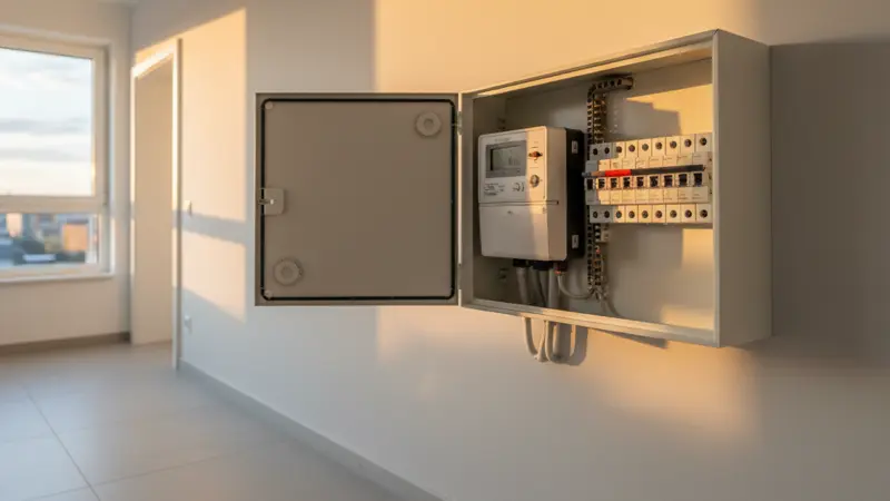 Moderner digitaler Smartmeter in einem deutschen Hausflur