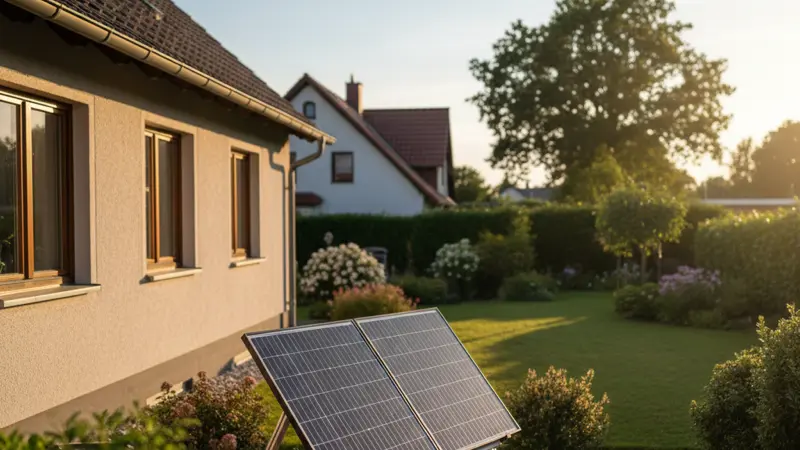 Zwei Solarmodule aufgeständert auf einer Terrasse eines deutschen Einfamilienhauses mit Garten