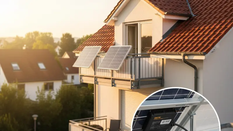 Nahaufnahme eines kompakten Mikrowechselrichters für Balkonkraftwerk mit sichtbaren Anschlüssen