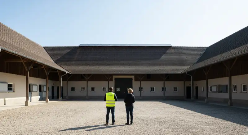 Eigentümer und Projektierer begutachten bei einem Ortstermin das Dach eines landwirtschaftlichen Gebäudes