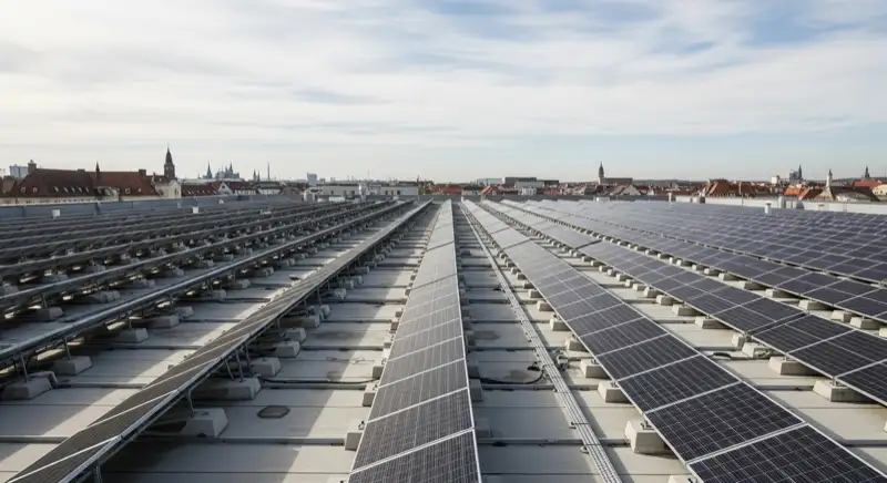 Flachdach einer Gewerbehalle mit aufgeständerten Photovoltaikmodulen in Ost-West-Ausrichtung