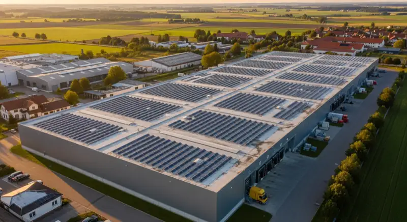 Luftaufnahme eines großen Hallendachs mit Photovoltaikanlage im ländlichen Raum