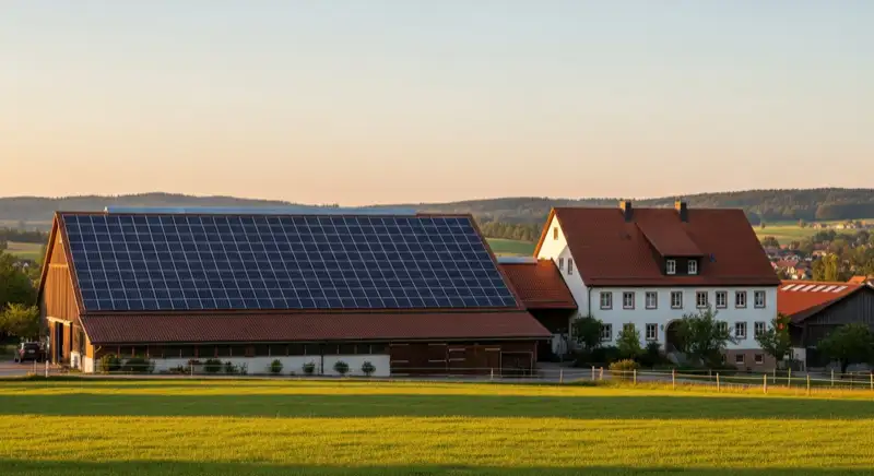 Saniertes Scheunendach eines landwirtschaftlichen Betriebs mit neuer Photovoltaikanlage in der Abendsonne