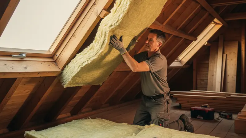 Mineralwolle wird zwischen Dachsparren eines deutschen Hauses eingebaut