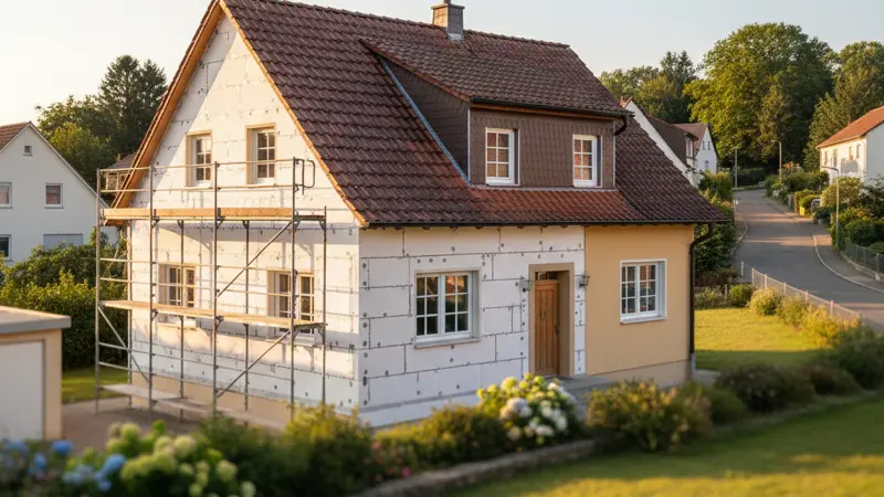 Deutsches Einfamilienhaus mit frisch montierter Fassadendämmung und Gerüst