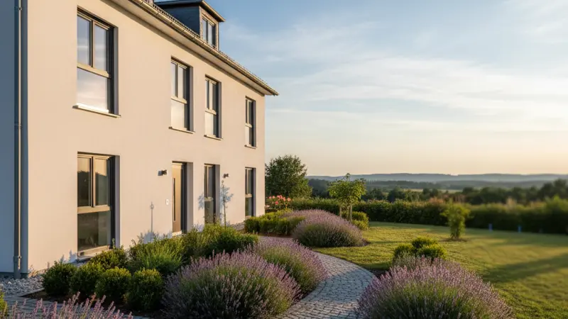 Fertig saniertes deutsches Einfamilienhaus mit neuer weißer Fassade nach Dämmung