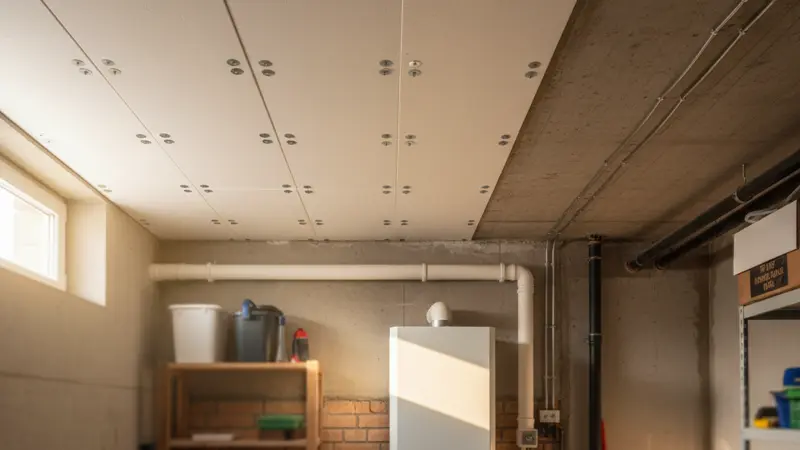 Gedämmte Kellerdecke mit Styrodur-Platten an der Betondecke