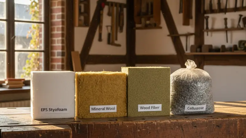 Verschiedene Dämmmaterialien nebeneinander: EPS, Mineralwolle, Holzfaser und Zellulose