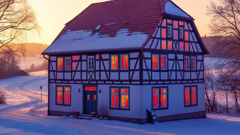 Thermografieaufnahme eines deutschen Hauses mit Wärmeverlusten an Wänden und Fenstern