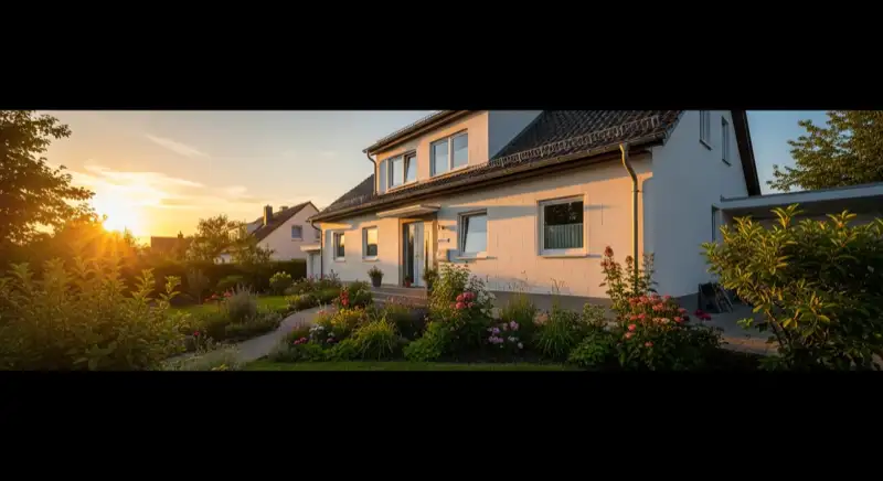 Saniertes deutsches Einfamilienhaus mit neuer heller Fassadendämmung und gepflegtem Vorgarten