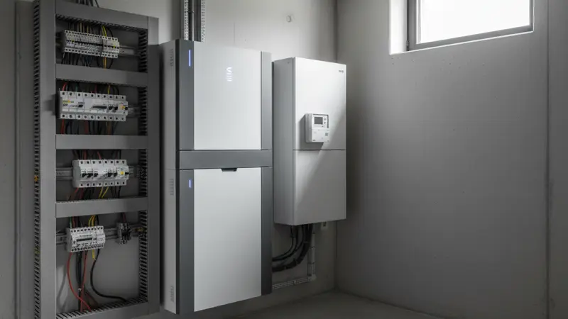 Moderner Batteriespeicher im Technikraum eines Einfamilienhauses