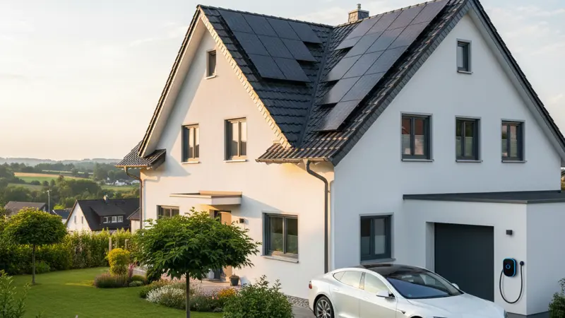 Elektroauto parkt vor Einfamilienhaus mit Solaranlage auf dem Dach und Wallbox an der Wand