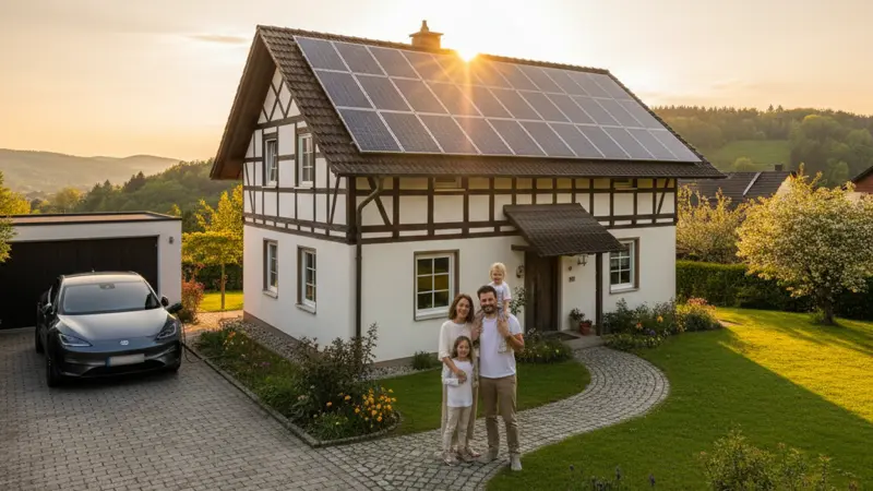 Familie vor Einfamilienhaus mit Solaranlage und Elektroauto in der Einfahrt