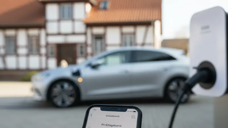 Smartphone zeigt Energiemanagement-App mit PV-Ertrag und Ladestatus des Elektroautos
