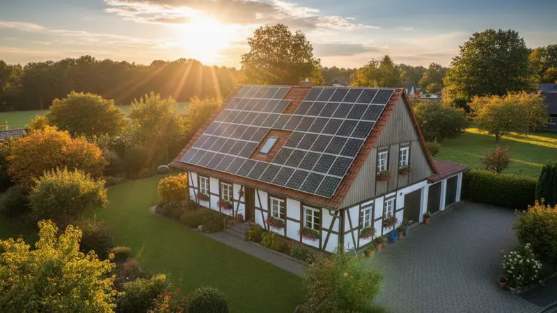 Solarmodule auf dem Ziegeldach eines deutschen Einfamilienhauses bei Sonnenschein