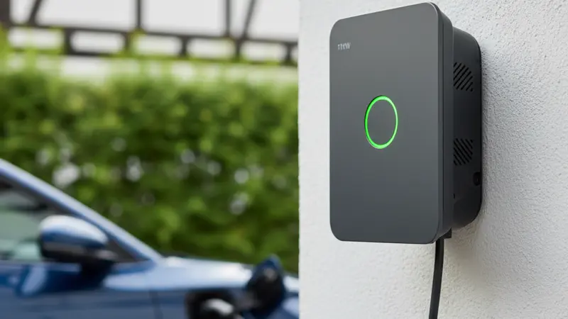 Moderne 11-kW-Wallbox an einer Hauswand mit eingestecktem Ladekabel