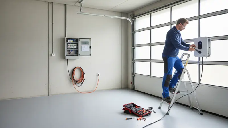 Elektriker installiert Wallbox in der Garage eines Einfamilienhauses