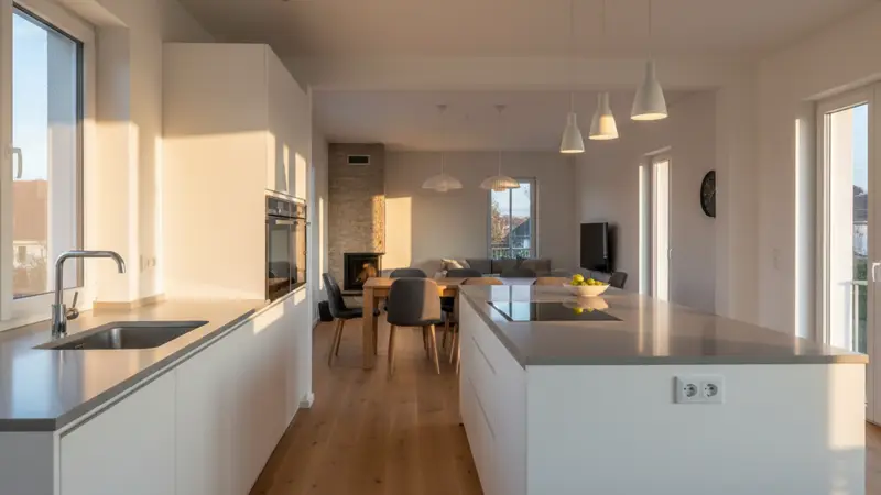 Moderne weiße Einbauküche mit Kochinsel in einem hellen deutschen Einfamilienhaus