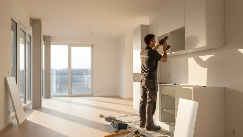 Professioneller Küchenmonteur installiert eine Einbauküche