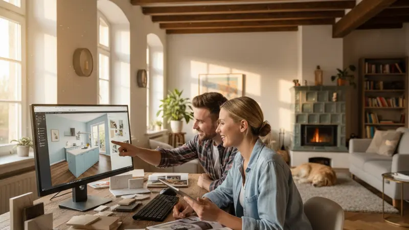 Paar plant Küche am Computer mit 3D-Küchenplaner