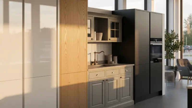 Verschiedene Küchenfronten nebeneinander in einem Showroom