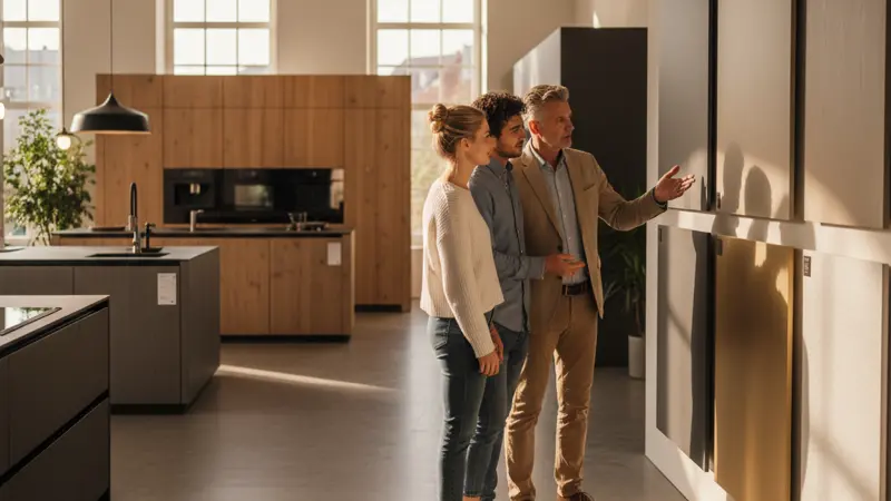 Küchenberater zeigt einem Paar verschiedene Küchenfronten im Küchenstudio