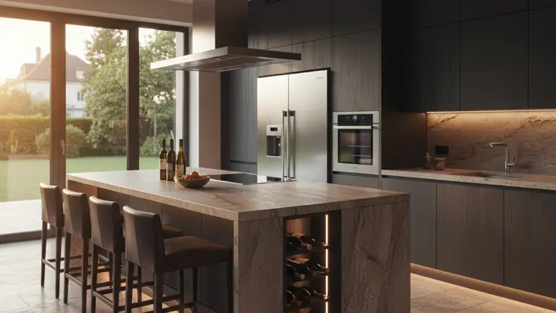 Luxuriöse Küche mit dunklen Fronten und Naturstein-Arbeitsplatte