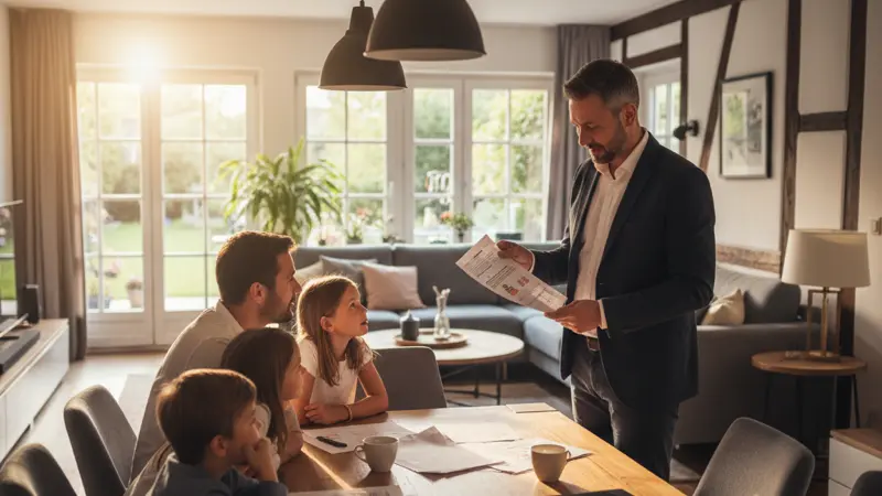 Energieberater zeigt einer Familie den Energieausweis und Fördermöglichkeiten am Esstisch
