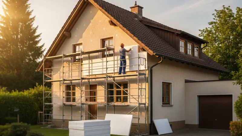 Handwerker bringt Wärmedämmplatten an der Außenwand eines deutschen Einfamilienhauses an