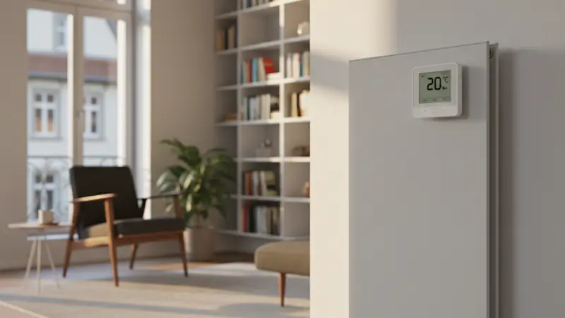 Smartes Thermostat an einem Heizkörper in einem modernen deutschen Wohnzimmer