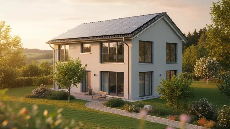 Energieeffizientes deutsches Einfamilienhaus mit Solaranlage und guter Wärmedämmung in warmem Abendlicht
