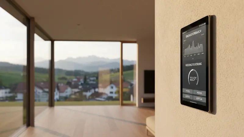 Smart-Home-Display an der Wand zeigt den Energieverbrauch des Hauses in Echtzeit
