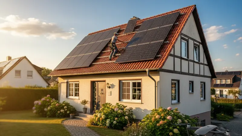 Monteur installiert Solarmodule auf dem Dach eines deutschen Einfamilienhauses