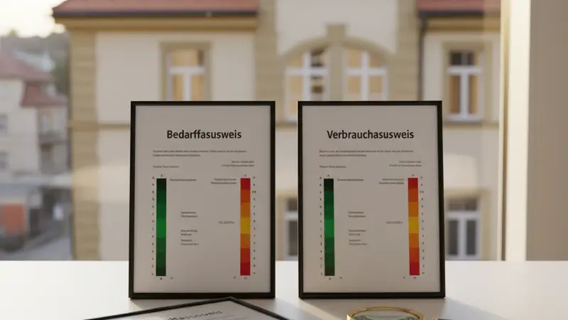 Zwei Energieausweis-Varianten nebeneinander auf einem Schreibtisch: Bedarfsausweis und Verbrauchsausweis