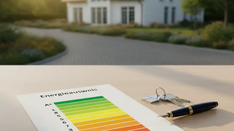 Energieausweis Dokument mit farbiger Effizienzskala von A+ grün bis H rot auf einem Holzschreibtisch