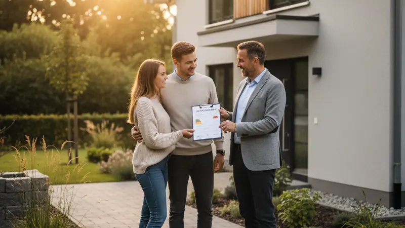 Energieberater erklärt einem Paar den Energieausweis vor einem deutschen Einfamilienhaus