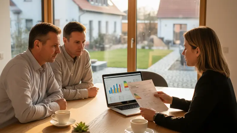 Paar prüft den Energieausweis gemeinsam mit einem Immobilienmakler am Küchentisch